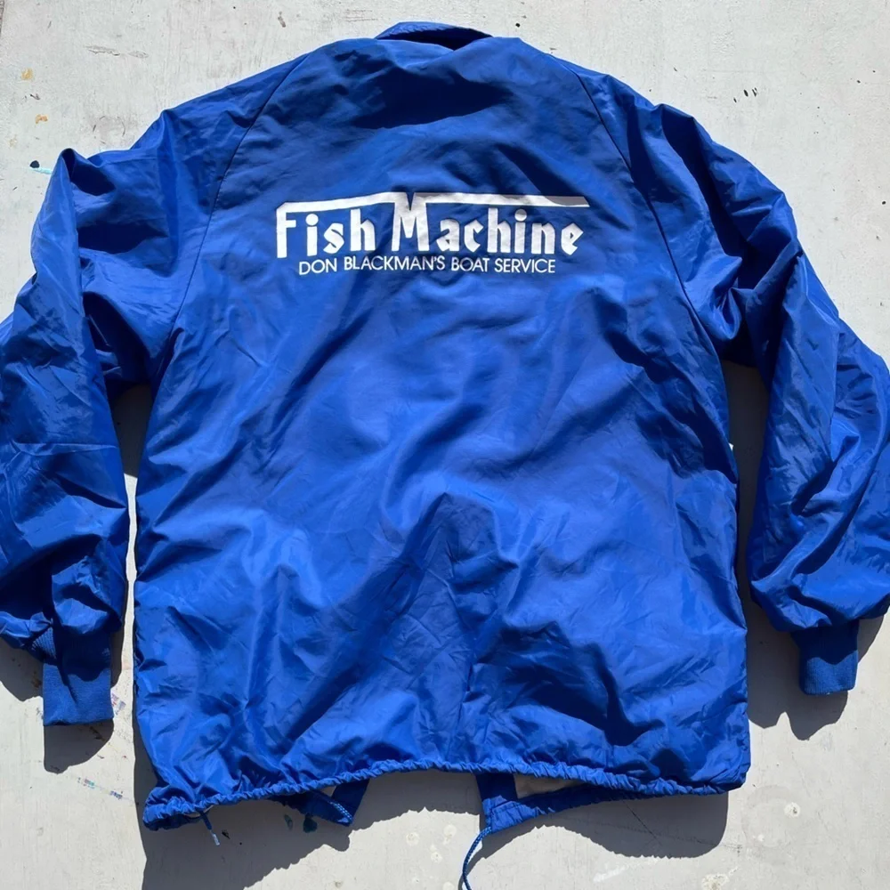 Men's Vintage Fish Machine Windbreaker Blue Logo M Nylon Button Lined USA 80s - Picture 11 of 15